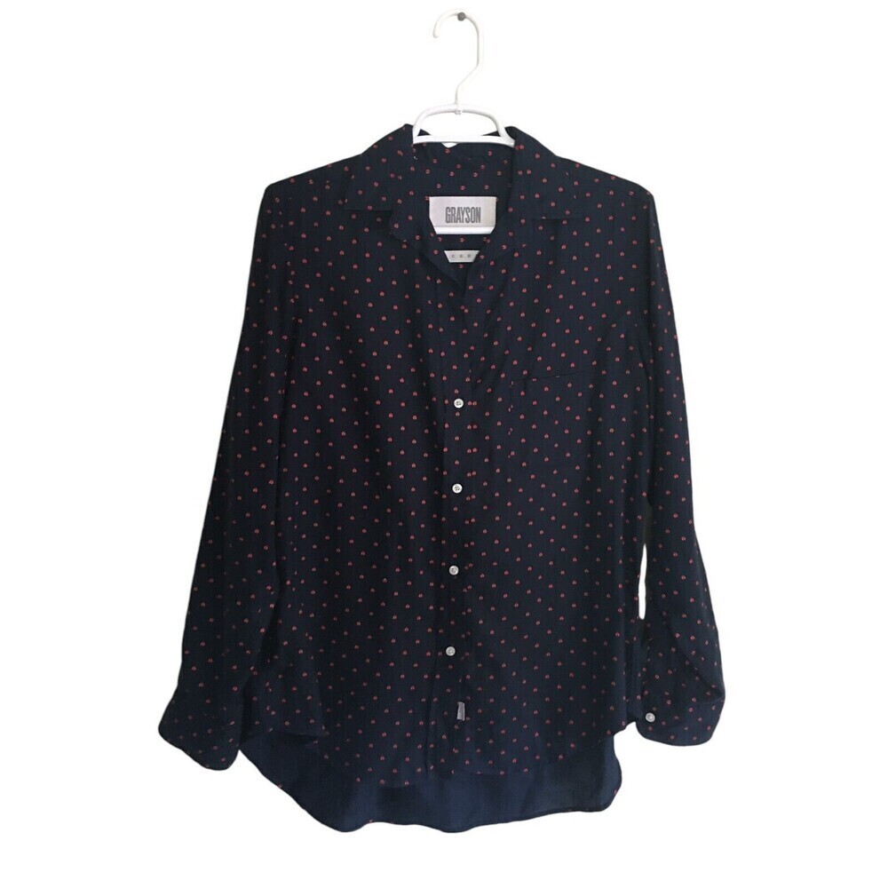 Grayson's Shirt Men's Size Medium Navy Red Ladybugs Spots Button Up Long Sleeve